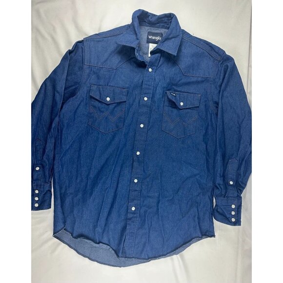 Vintage Wrangler Shirt Mens 16 1/2 33 Denim Pearl Snap Denim Jean Western Rodeo - Picture 2 of 8